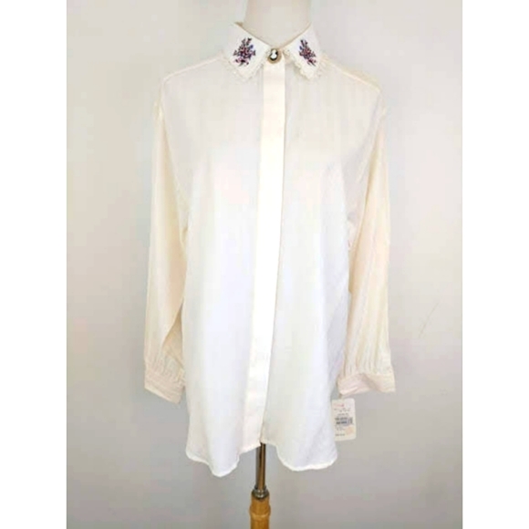 New Jantzen Classics Victorian Button Up Sleeves Cream Top Medium - Picture 4 of 14